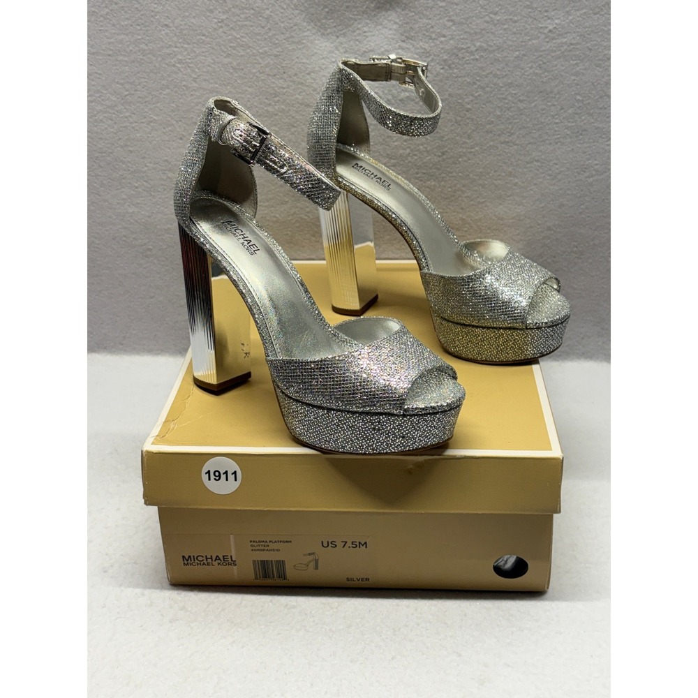Michael Kors Paloma Platform Glitter Sandals Silver Block Heel 7.5M 40R9PAHS1D